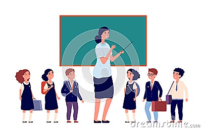 Teacher and students. Elementary school pupils. Young lady near chalkboard and preschool or primary class boys girls Vector Illustration