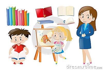 Teacher and students with school objects