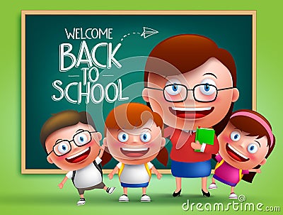 Teacher and students vector characters in front of classroom Vector Illustration