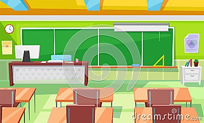 School Room Interior Classroom with Teacher Table Vector Illustration