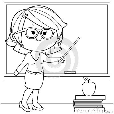 Teacher teaching in the classroom. Vector black and white coloring page. Vector Illustration