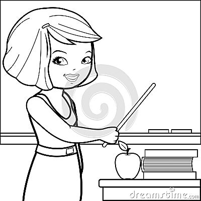 Teacher teaching in the classroom. Vector black and white coloring page. Vector Illustration