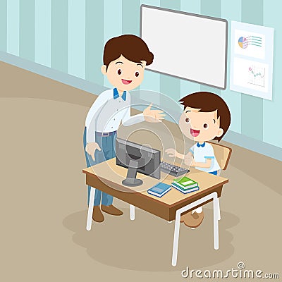 Teacher teaching computer to student boy Vector Illustration