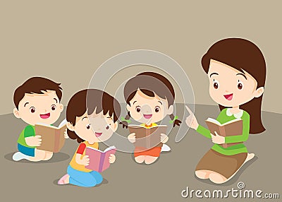 Teacher teaching Cute Childrens Reading Books Vector Illustration