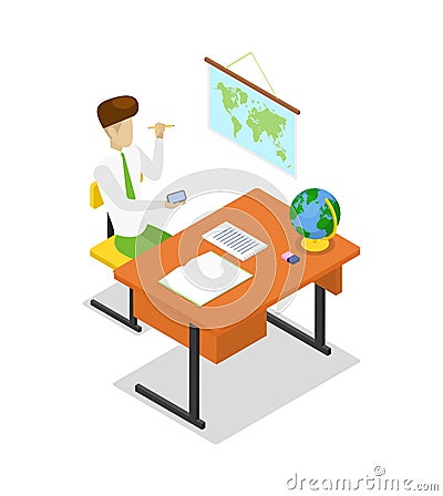 Teacher teaching geography isometric 3D icon Vector Illustration