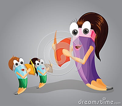 Teacher Teaching her Students. Pencil Character. Vector Illustration