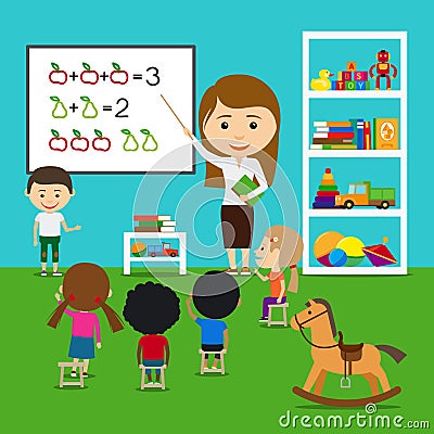 Teacher teaching kids Vector Illustration