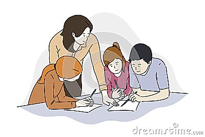 Teacher teaching kids/pupils during school lesson concept design vector flat illustration. Education, studying children, classroom Cartoon Illustration