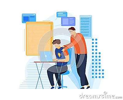 Teacher teaching student, novice guy programmer, computer technology, man operate, design, flat style vector Vector Illustration