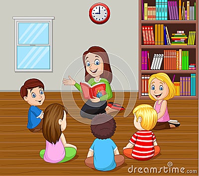 Teacher telling a story to kids in the classroom Vector Illustration