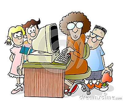 Teacher and three students Cartoon Illustration