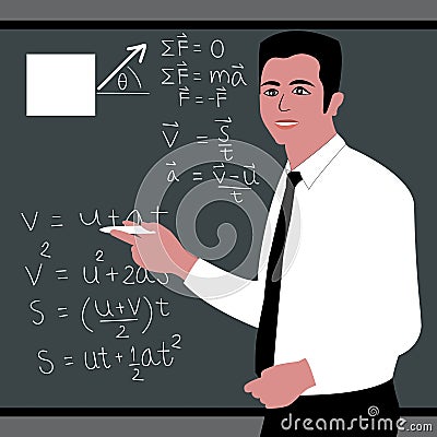 The teacher of university standing in front of a blackboard with formulas giving a lecture about science physics.Flat style vector Cartoon Illustration