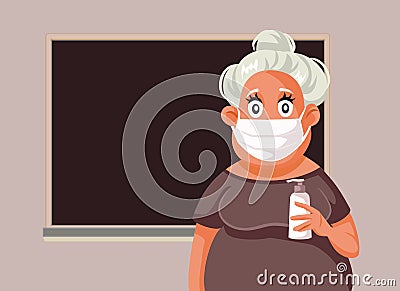 Teacher Wearing Face Mask Holding Hand Sanitizer Vector Illustration