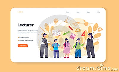 Teacher web banner or landing page. Profesor standing in front Vector Illustration