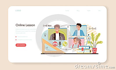 Teacher web banner or landing page. Professor giving a lesson in a classroom Vector Illustration