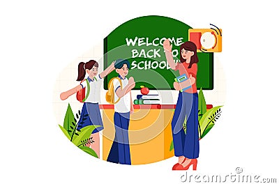 Teacher welcomes students into the class Vector Illustration