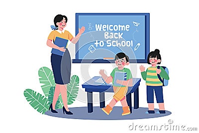 Teacher Welcomes Students Into The Class Vector Illustration