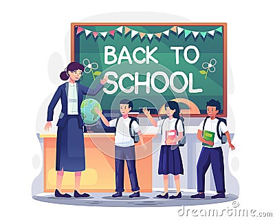 The teacher welcomes students in the class with happiness back to school. Welcome back to school concept design Vector Illustration