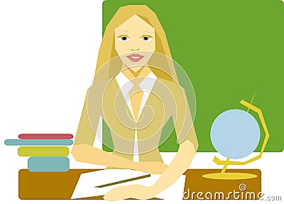 Teacher woman blonde sits at a desk in the background of a blackboard Stock Photo