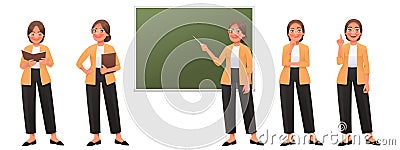 Teacher woman character set. Happy teacher pointing at the blackboard, posing, reading, thinking, idea Cartoon Illustration