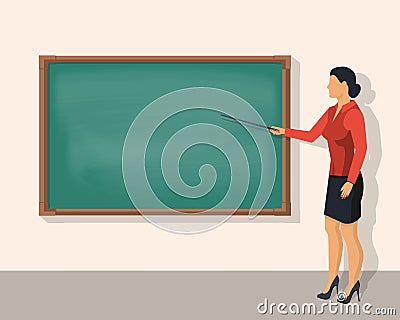 Teacher woman standing in front of blank school blackboard Vector Illustration