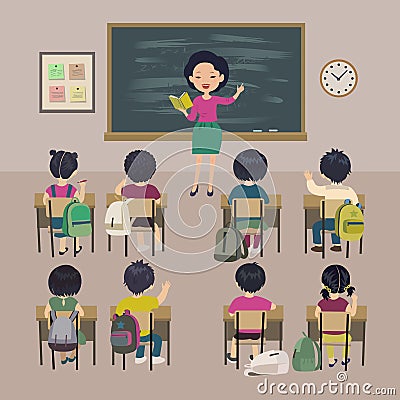 Teachers day background. School lesson. Little students and asian teacher in a classroom. Vector Illustration