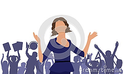 Teachers day. Beautiful woman teacher and silhouette of crowd of school children with globe, books, backpack. Vector illustration Vector Illustration