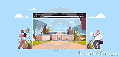 Teachers near digital school building in web browser window online education concept horizontal Vector Illustration