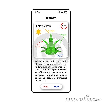 Teaching biology smartphone interface vector template. Mobile app page white design layout. Plant photosynthesis Vector Illustration