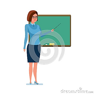 Girl teacher with school pointer in hand, next to board. Vector Illustration