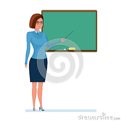 Girl teacher with school pointer in hand, next to board. Vector Illustration