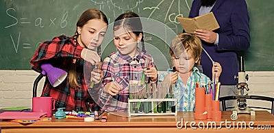 Teaching kids sharing important knowledge. With experience comes knowledge. Formal education. Chemistry classes. Group Stock Photo