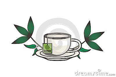 Teacup drink in dish with leafs plant Vector Illustration