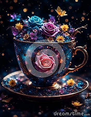 Teacup filled with flowers Stock Photo