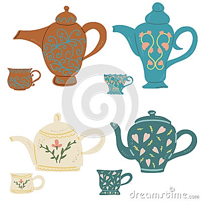 Teacup and Teapot collection. Hand drawn cartoon vintage kitchen tools set. Retro coffee, tea pot, cup, kettle ceramic Vector Illustration