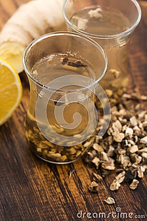 Teaglass with yellowhead root tea Stock Photo