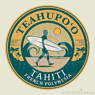 Teahupoo, Tahiti, French Polynesia - surfer sticker Vector Illustration