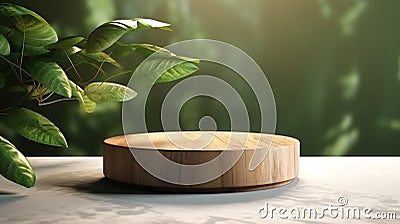 Teak wooden round smooth beautiful grain podium table. Generative AI Stock Photo