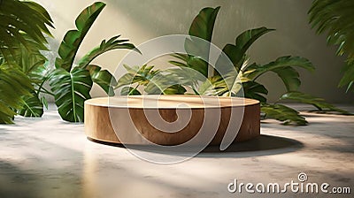 Teak wooden round smooth beautiful grain podium table. Generative AI Stock Photo