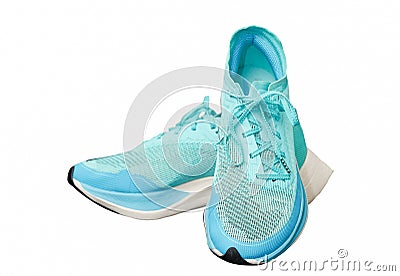 Teal aqua running shoes isolated on white front horizon view Stock Photo