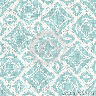 Teal aqua white vibrant watercolor batik azulejos tile background. Seamless coastal blur linen effect geometric mosaic Stock Photo