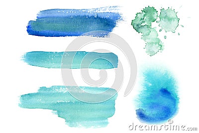 Teal blue green watercolor brush strokes, splashes and blots for sea or ocean nautical designs. Hand drawn background Stock Photo