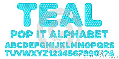 Teal blue popit alphabet and numbers set in fidget toy style. Pop it font design as a trendy silicone toy for fidget in Vector Illustration