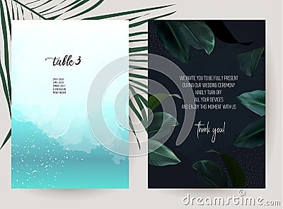 Teal blue watercolor and dark tropical leaves vector design Vector Illustration