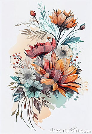 Teal and Brown Bouquet: A Colorful Illustration of Blossoming Flowers with Yellow and Black Accents Cartoon Illustration