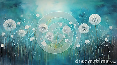 teal dandelions creating a unique and enchanting atmosphere on a grassy canvas Stock Photo