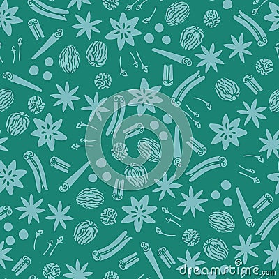 Teal Holiday spices seamless vector repeat pattern background with star anise, cinnamon, nutmeg and clove. Vector Illustration