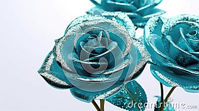Teal Rose Flowers Glitter Super Detail. Generative AI Stock Photo