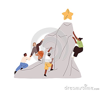 Team achieving corporate goal. Business, career challenge concept. People climbing up to peak of mountain to aim Vector Illustration