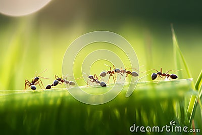 Team of ants running around the curved green blade of grass AI generated Stock Photo